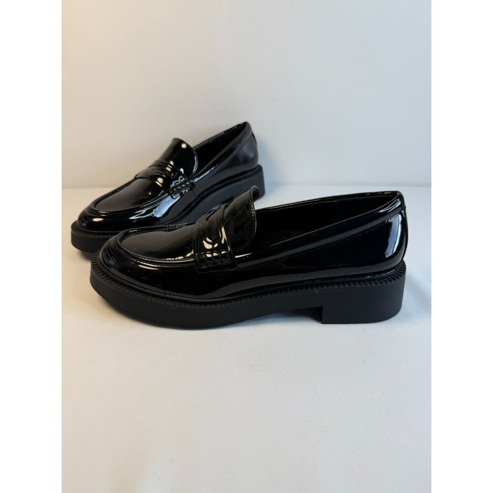 Zara Zapato Penny Loafers Women Size 7.5 Black Patent Leather Chunky Sole Shoes